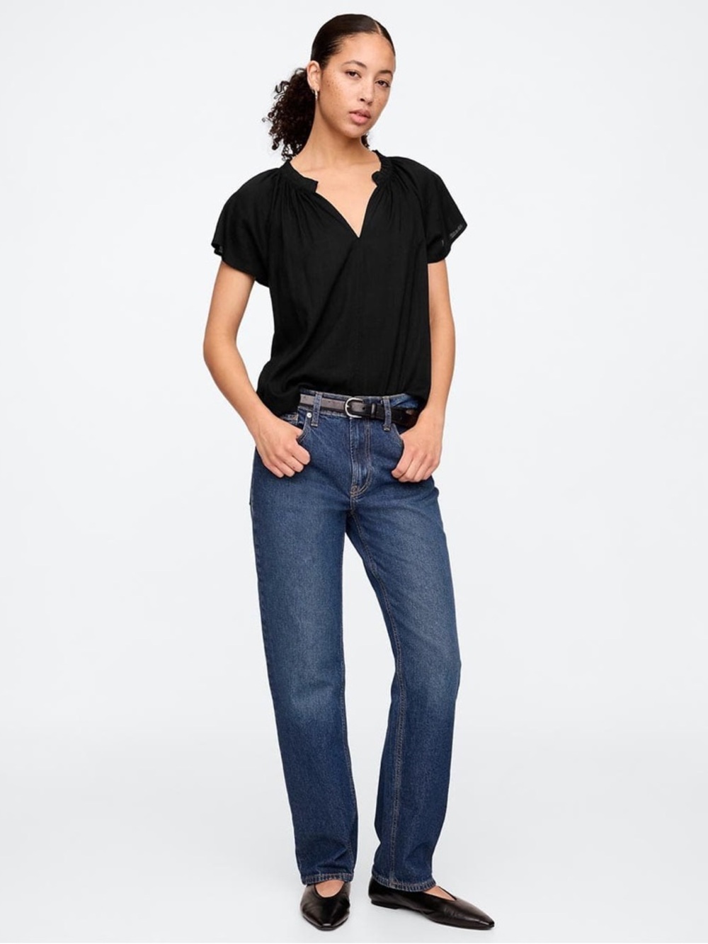 GAP Black Flutter Sleeve V-Neck Blouse - Picture 2 of 6